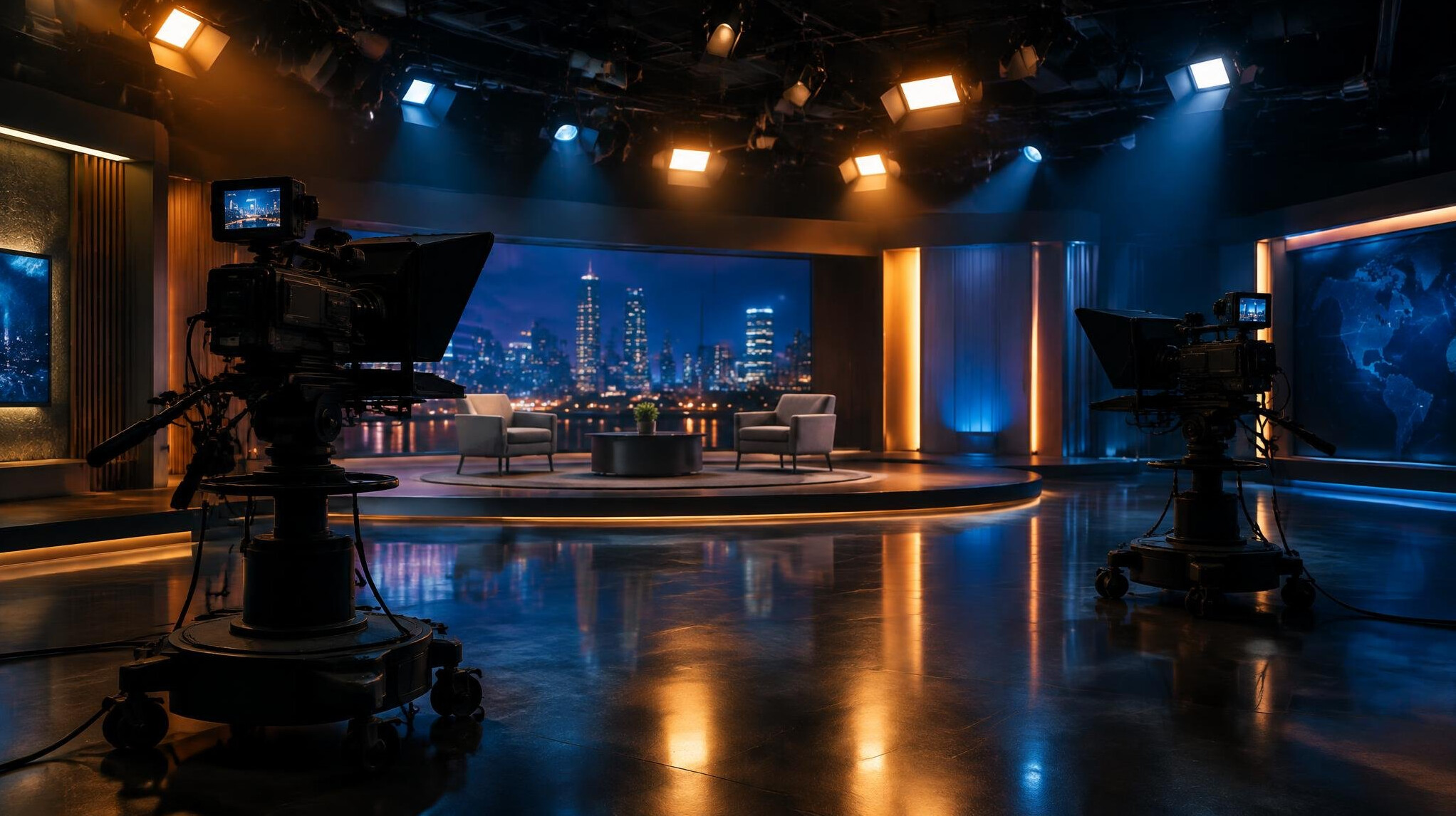 Television broadcast studio with professional cameras and stage lighting